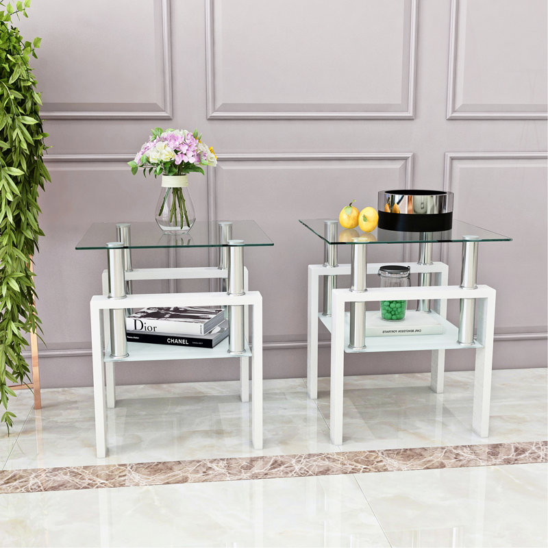 Ensemble de 2, table basse moderne en verre trempé, table de bout, table carrée pour le salon, transparent / blanc
