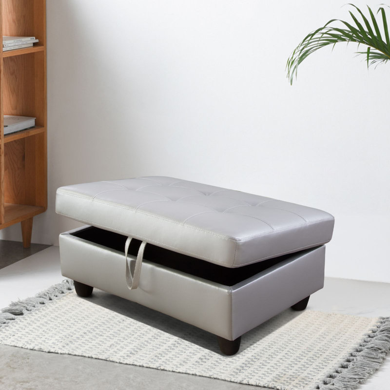 Semi PU Synthetic Leather Storage Ottoman, Silver/Gray