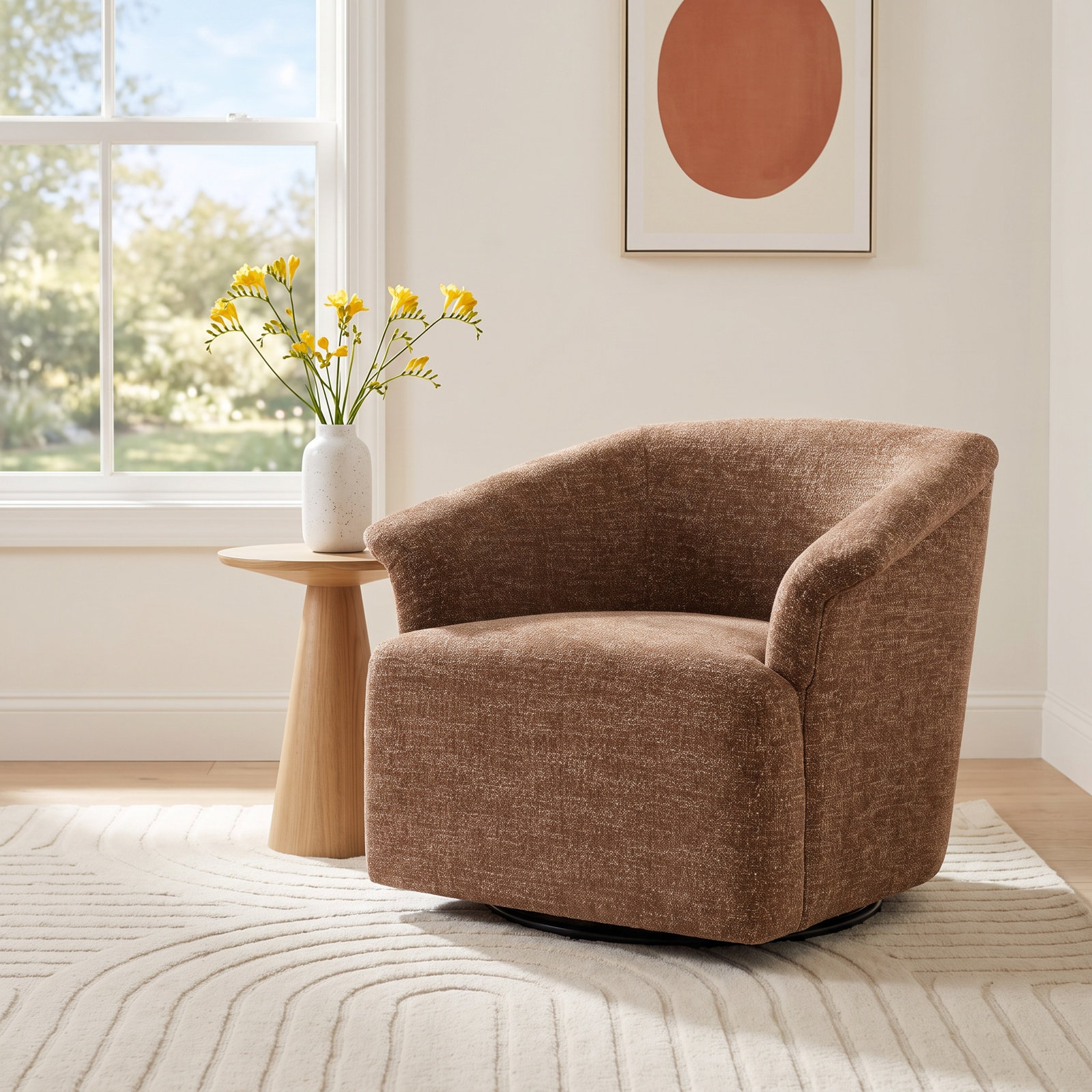 Morgana Swivel Barrel Chair, Magonia Camel Tweed