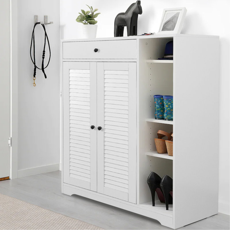 Armoire à chaussures autoportante 2 portes à volets blancs - Tablettes de rangement réglables et modernes et tiroir supérieur pour le vestibule