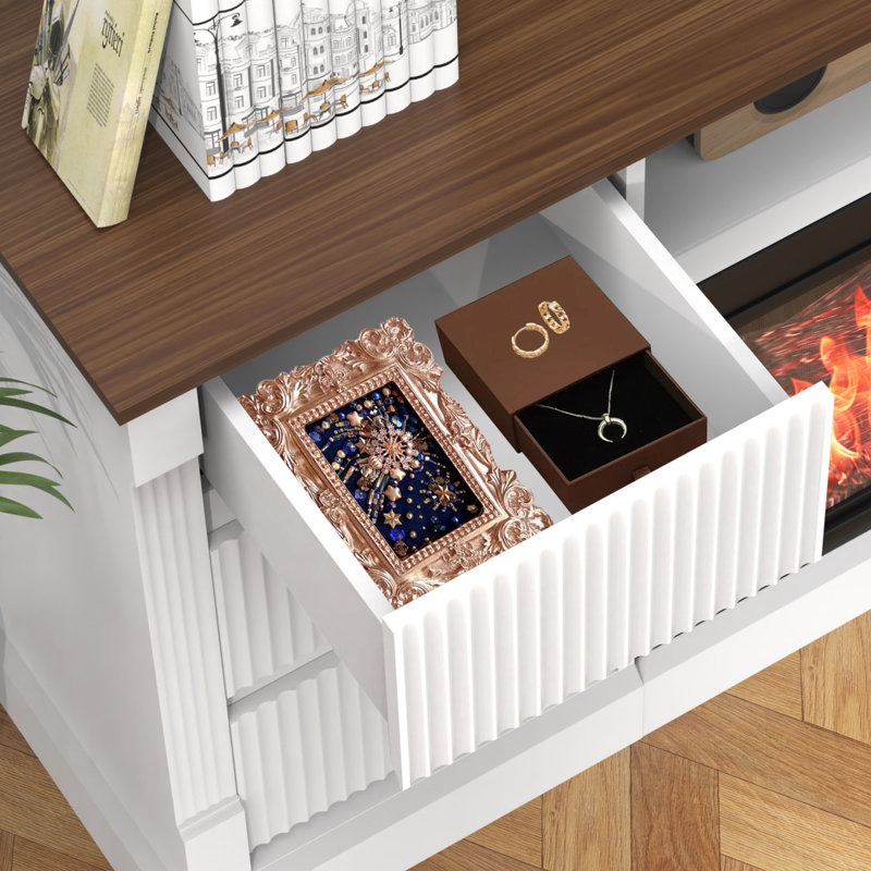 Modern 3-Sided Glass TV Stand With Electric Fireplace For Tvs Up To 80", Entertainment Center With LED Lights, Storage Cabinet & Drawers For Living Room