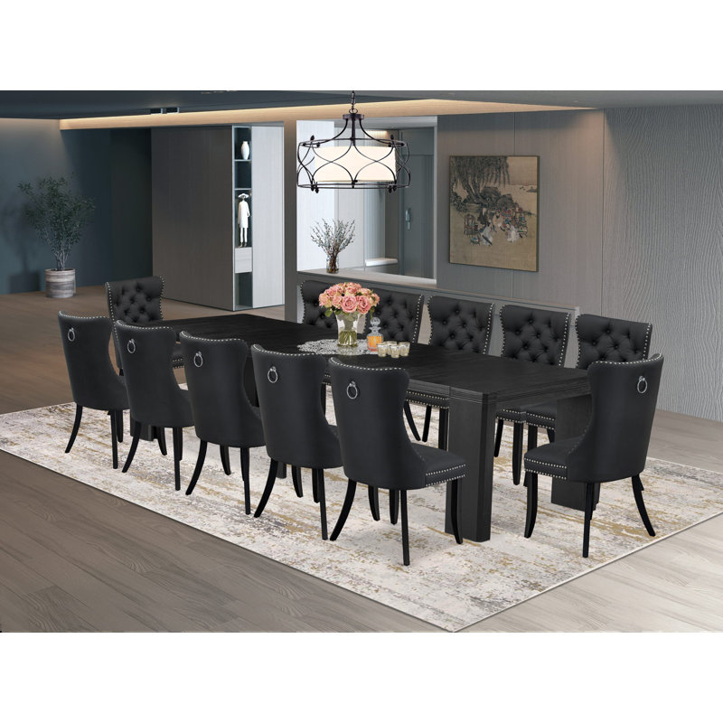 13-piece Kitchen Table Set a Rectangular Dining Table and 12 Dark Grey Polyester fabric Dining Chairs, Wire Brushed Black Finish.