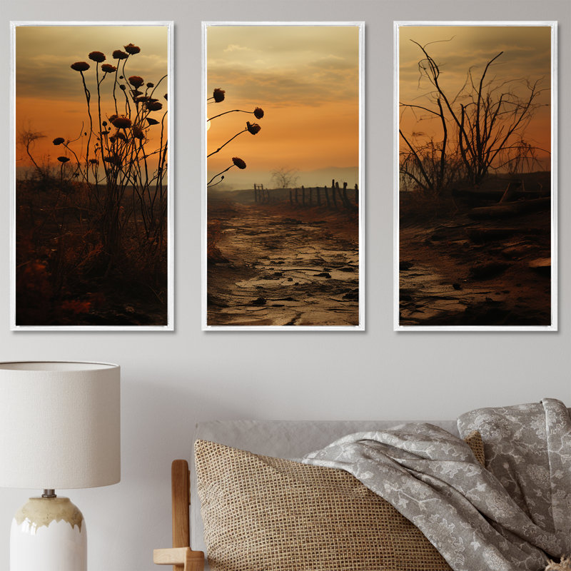 Mums Field With Sunset - Ensemble de décoration murale Mums, Cadre flottant blanc, H 32 po x l 48 po x P 1 po