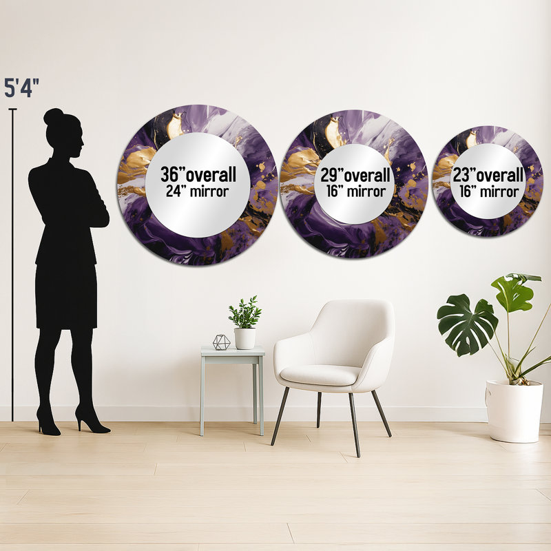 Purple and Gold Liquid Magic II - Abstract Mirror, Modern Round Unique Wall Mirror, Printed Metal Art, 23" x 23"
