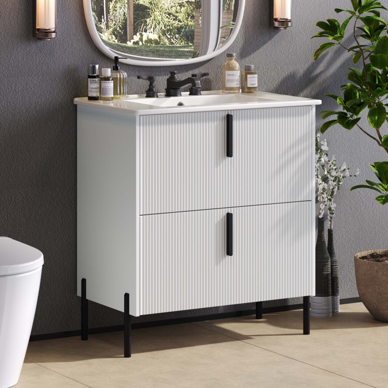 30" Bathroom Vanity With Ceramic Sink And Full-Extension Drawers, Soft Close Undermount Drawer Slides, Fluted Design, White