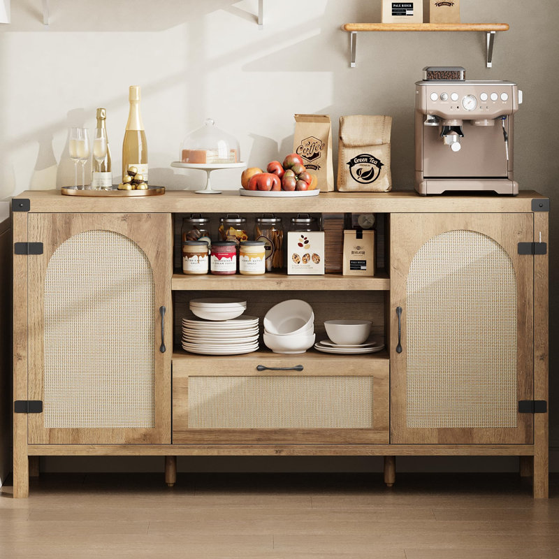 47.2" Buffet Cabinet with Storage, Farmhouse Kitchen Sideboard with Drawer, Rattan Coffee Bar Cabinet, Brown