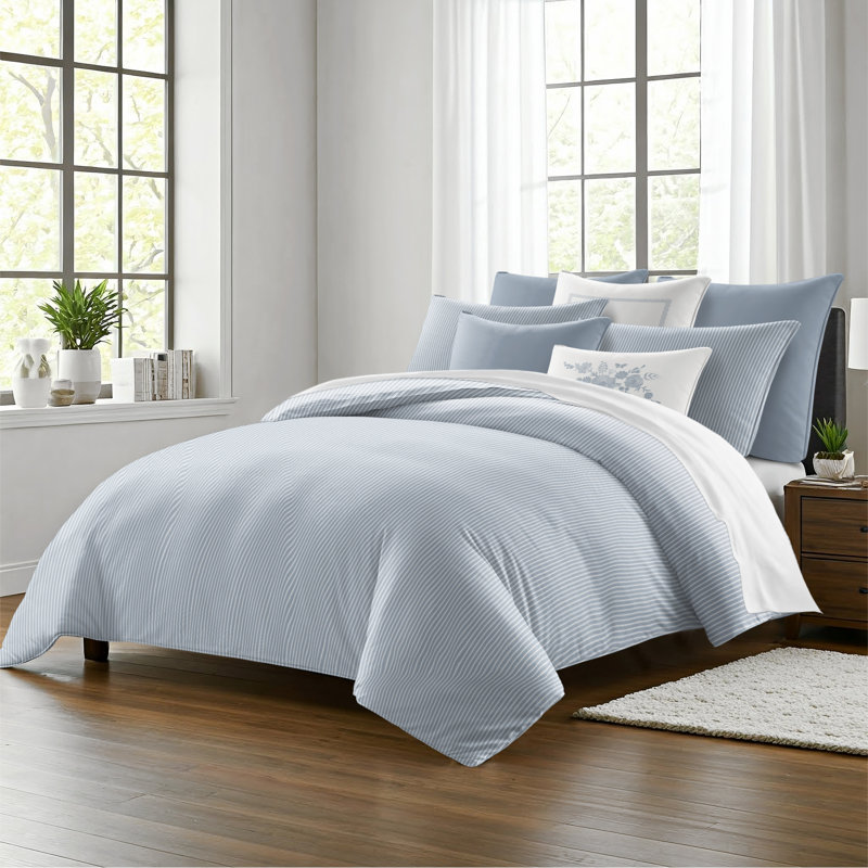 Ruben Stripe Reversible Cotton Duvet Cover Set, Cal.King Duvet Cover + 2 King Shams, Cornflower