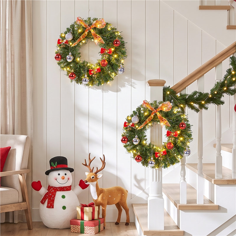 Pre-Lit Artificial Christmas Wreath with Multicolour and Warm White LED Lights, 30CM