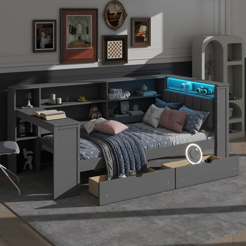 Streamlined Bed With Storage Racks, Drawers, Power Charging Outlet, LED Illumination, And Workstation, Grey, Twin