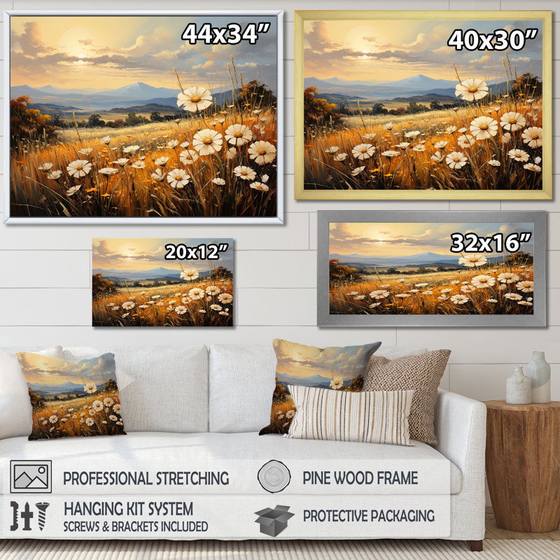 Magnifique champ de fleurs chaudes sur toile, H 12 po x l 20 po x P 1 po, Cadre doré simple