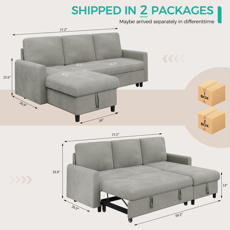 77.2" Upholstered Convertible Sleeper Sofa Bed , Light Gray