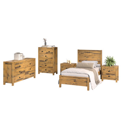 Ensemble de 5 articles pour chambre à coucher, un lit simple, une commode double, une commode et deux tables de chevet Hibir