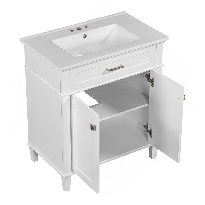 Meuble-lavabo de 30 po avec lavabo en céramique, porte à fermeture en douceur et tablettes réglables, Blanc