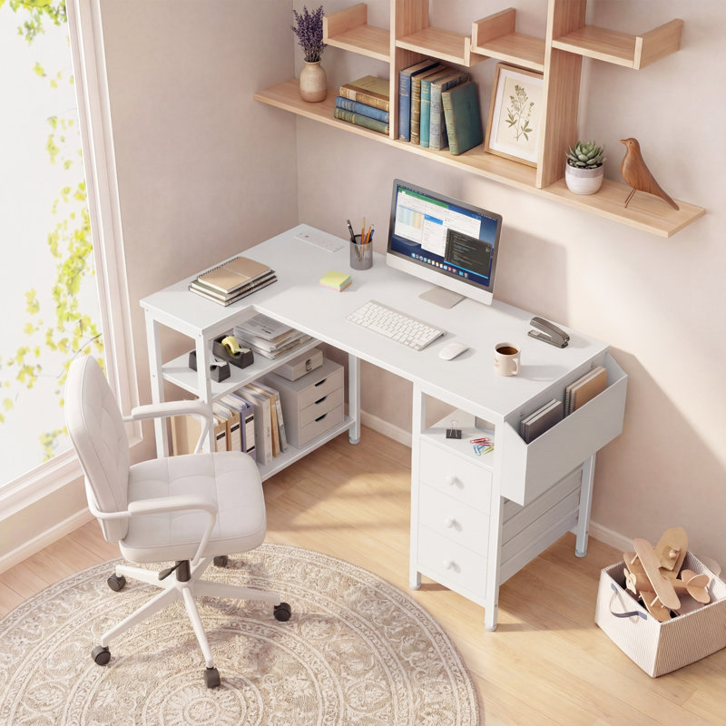 47" Built-in Outlets L-Shaped Computer Desk with Drawers & Storage Shelves, White