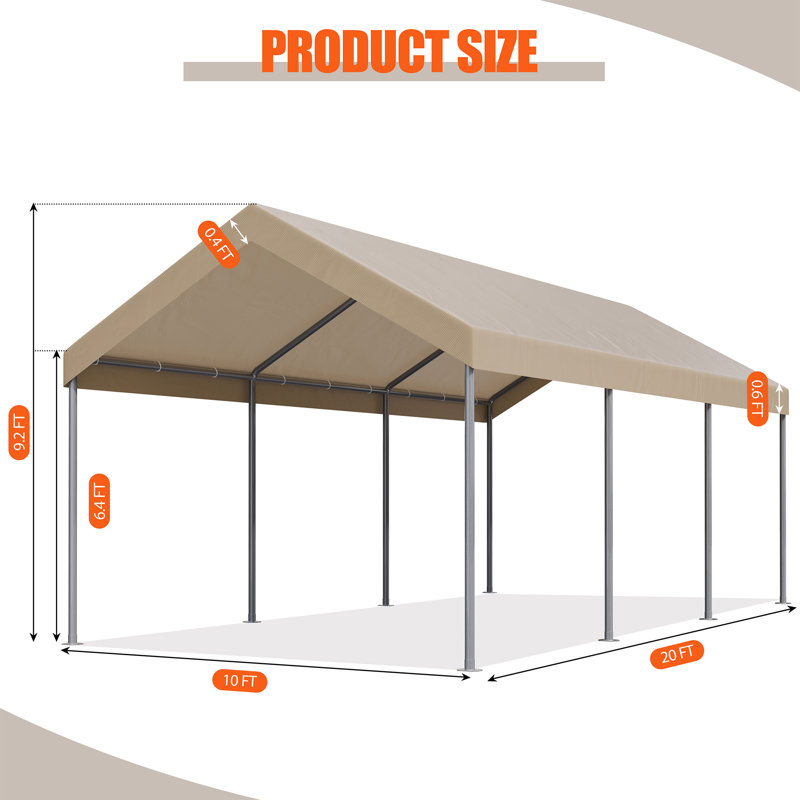 10 Ft. W X 20 Ft. D Heavy Duty  Canopy Portable Garage, Khaki
