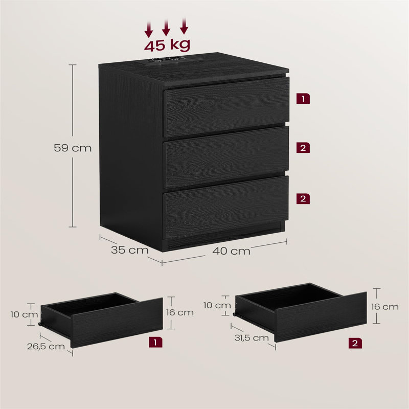40cm W Manufactured Wood Bedside Table, Black