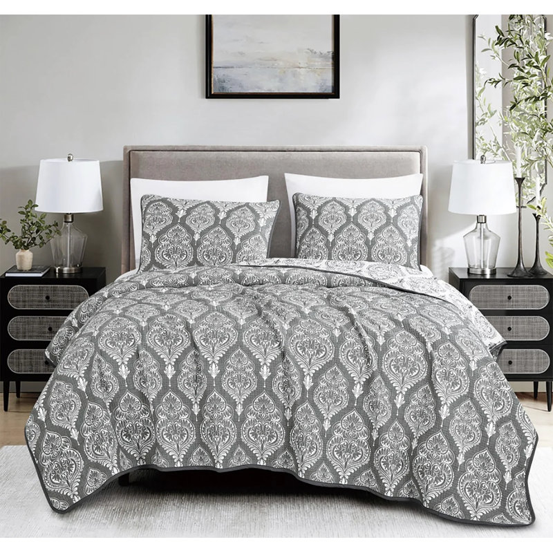 Ensemble de couvre-lit 3 pièces en mélange de coton moderne gris-blanc, Courtepointe pour lit grand + deux taies décorati