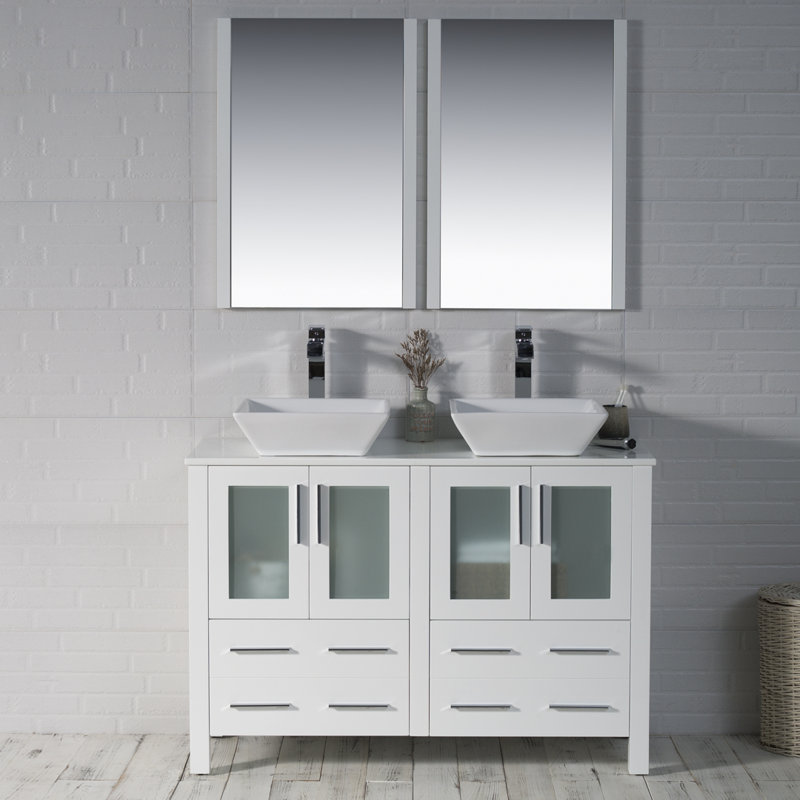 Mance 47.625'' Double Bathroom Vanity with Ceramic Top with Mirror, Glossy White