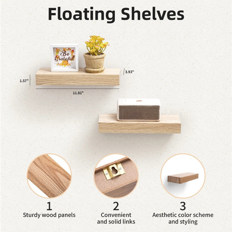 Étagères murales flottantes en érable, tablette suspendue en bois de 30 cm (11,8 po) avec fixations invisibles pour salle de bain, chambre, salon, cuisine, rangement et décoration
