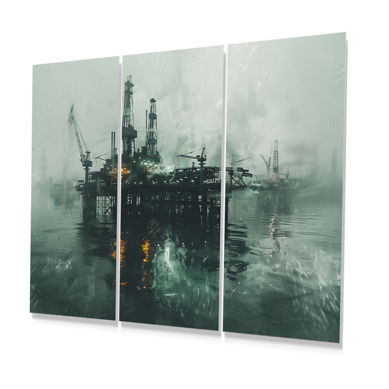 Ensemble de décorations murales gris et vert Winter Drilling Dynamics Oil Rig II, H 32 po x l 48 po x P 1 po