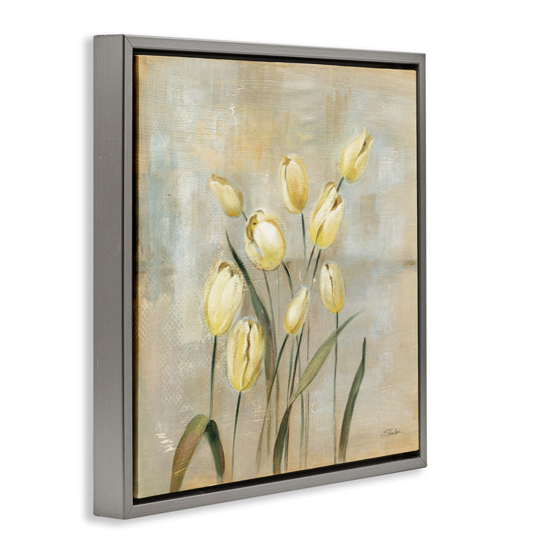 "Tulipes jaunes sur toile grise encadrée" par Silvia Vassileva, H 18 po x l 18 po, Cadre flottant gris lustré