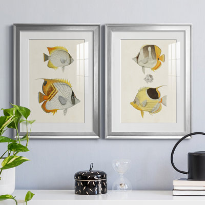 Yellow & Gray Fish I - Matted and Framed Under Acrylic Glass, Set of 2, Large Living Room Wall Art