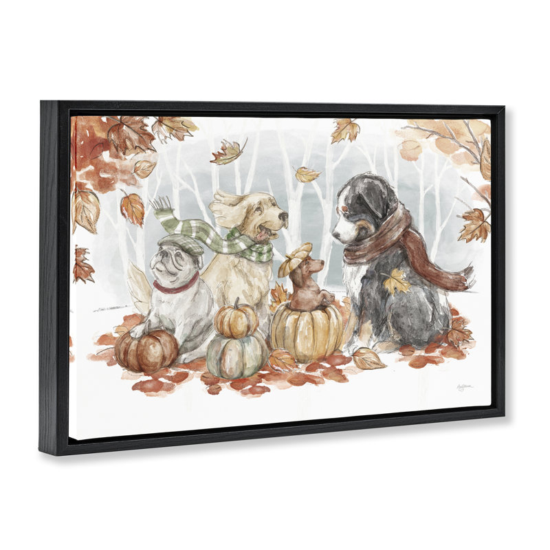 «Autumn Fun Dogs» par Mary Urban, Cadre flottant noir de jais, H 21 po x l 31 po