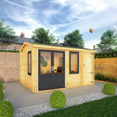 13ft x 10ft Home Office Elite Log Cabin With Side Shed UPVC Windows & Doors (44mm)