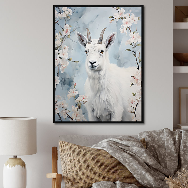 Chèvre blanche en hiver, tranquillité - art mural animal de chèvre, Cadre photo noir, H 32 po x l 16 po