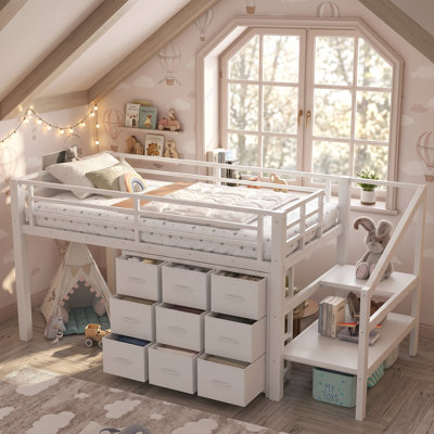  Lit mezzanine pour enfants AVELOR avec rangements multiples, lumières encastrées et escaliers sécuritaires