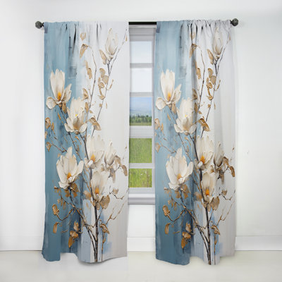 White And Gold Magnolia Petal Serenity - Magnolias Floral Room Darkening Curtain - 1 Panels