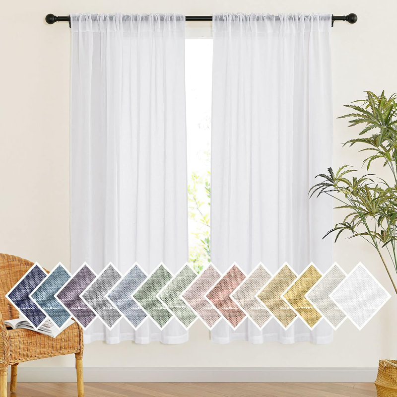 Sheer Linen Curtains for Living Room, Rod Pocket & Back Tab Semi Sheer Drapes Privacy Semitransparent Faux Flax Open Linen Panels for Study Room
