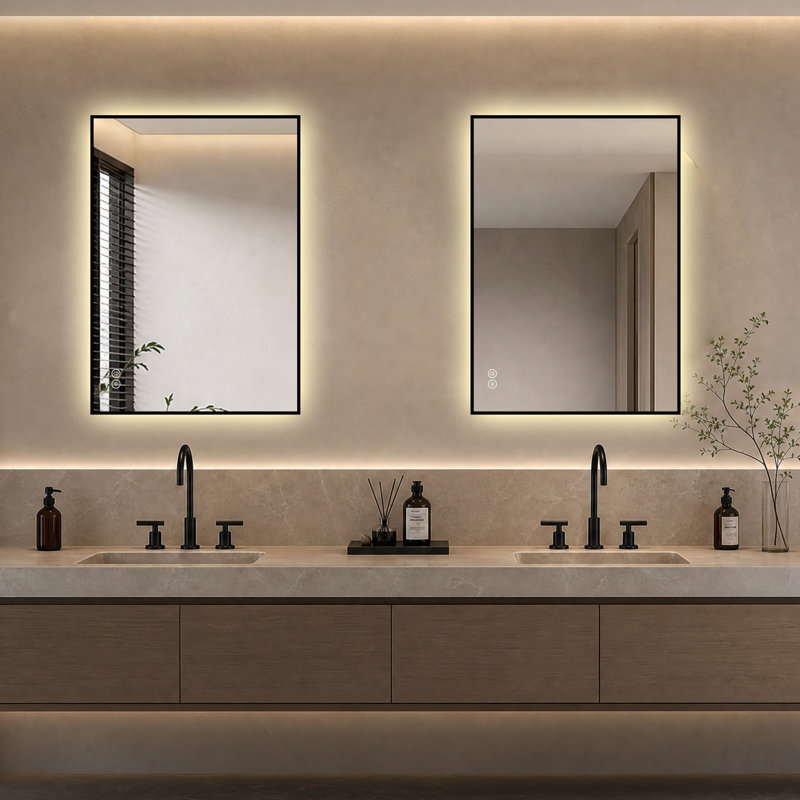 Ensemble de 1 miroir de salle de bain à DEL 32 po x 24 po x 0,59 po en aluminium, anti-buée noir rétroéclairé à DEL, à intensité variable, 3 températures de couleur, fonction mémoire