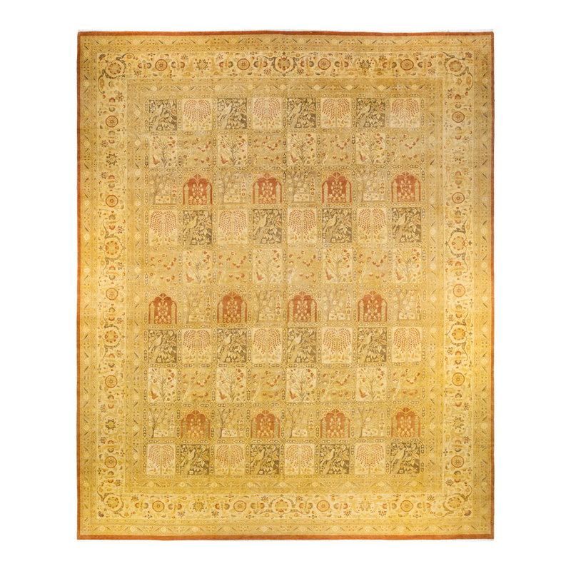 Tapis brun / jaune / beige noué à la main de conception unique 12 pi 3 po x 15 pi 2 po Mogul