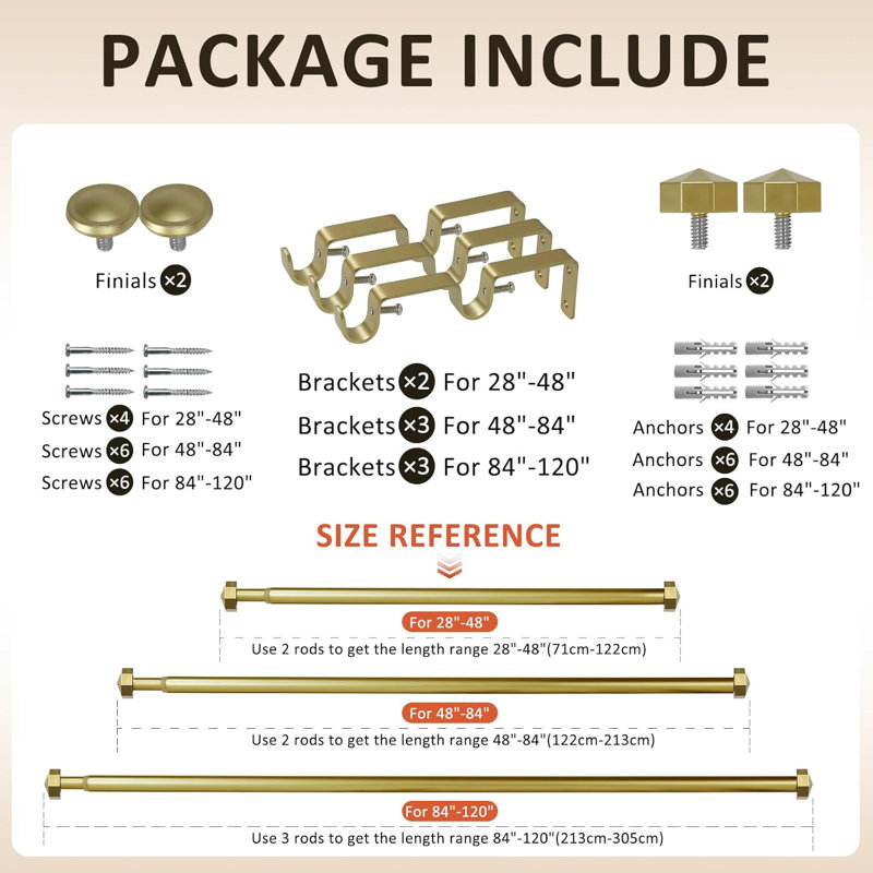 Tringle à rideaux double réglable de 5/8 po de diamètre avec faiteaux octogonaux, , 48" – 84", Doré
