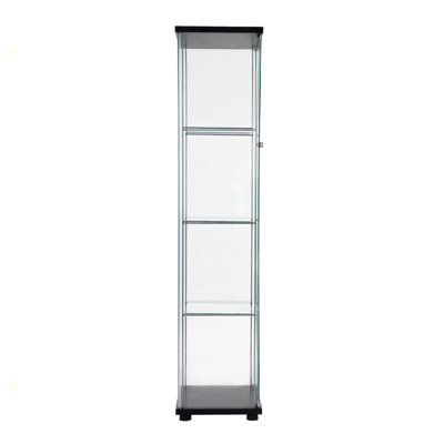 One Door Glass Cabinet Glass Display Cabinet With 4 Shelves, Black