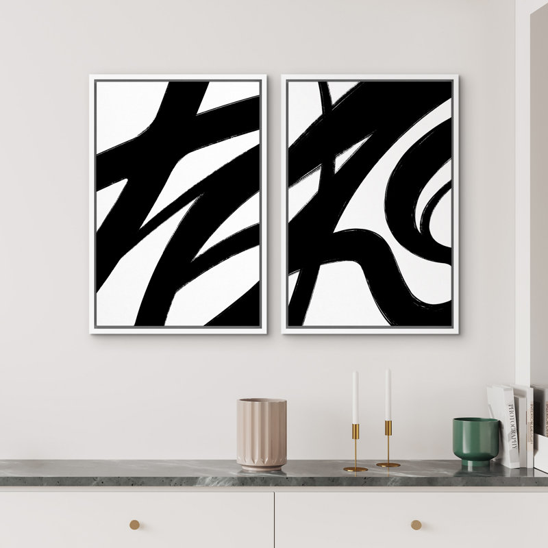 Illustration en noir et blanc de coups de peinture minimalistes, œuvre d'art moderne, Blanc, H 24 po x l 16 po