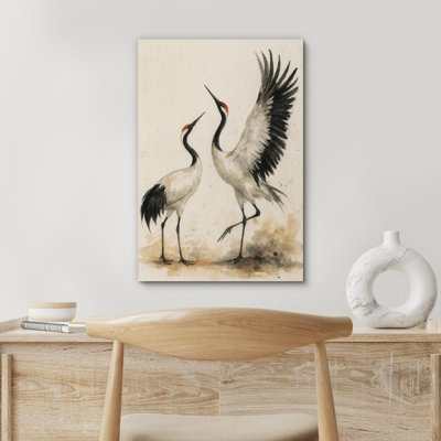 «Dancing Red-Crowned Cranes Nature Scene», reproduction d'art sur toile encadrée