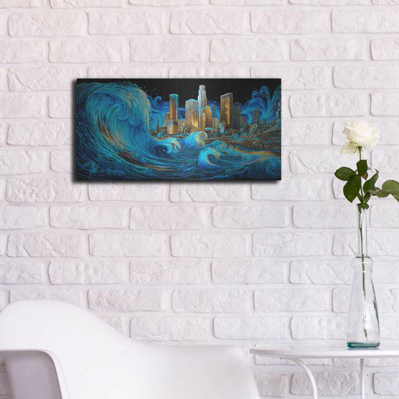 Art mural en métal luxueux «Waves Of Light Over Los Angeles» par Ann Klee, 24 po x 12 po