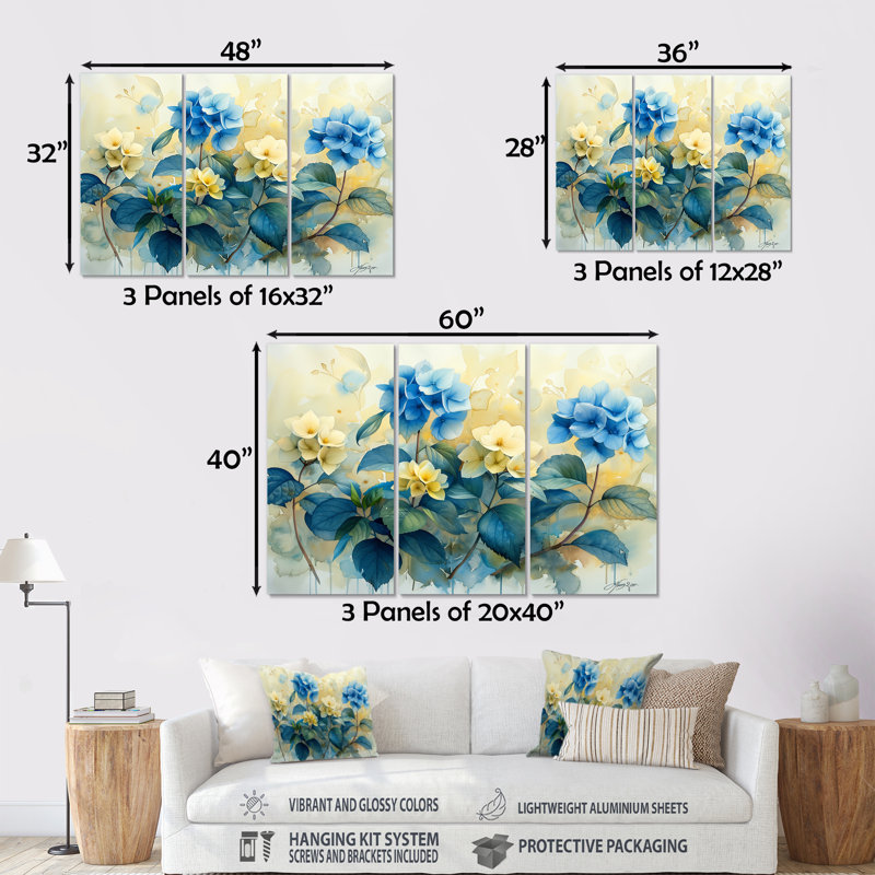 Ensemble de salon Beaubien - Hydrangea Wall Art, Métal métal, H 28 po x l 36 po x P 1 po