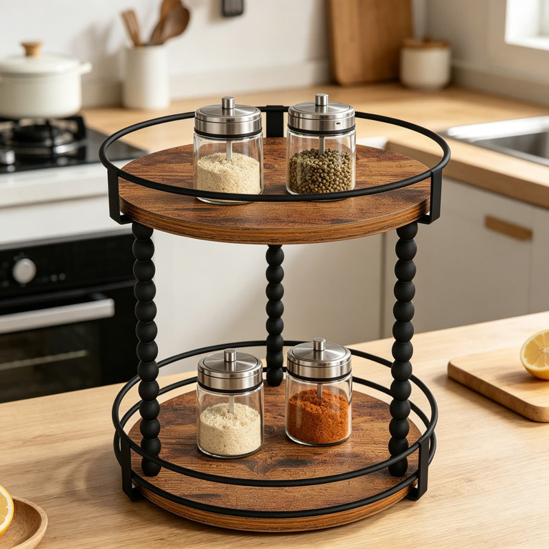 Organisateur de plateau tournant Lazy Susan, étagère à épices rotative à 2 étages de 11,2 pouces, étagère de rangement en bois pour comptoir de cuisine, garde-manger, salle de bain et plateau de table