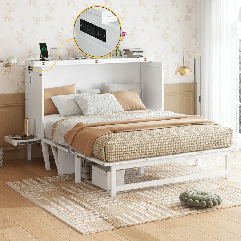 Solid Wood Murphy Bed with Build-In Charger and Removable Shelves, White, Queen