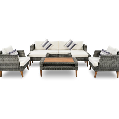 Go 6 Outdoor Furniture With Cushions, Stable Legs, And A Versatile Coffee Table For Spaces All-weather Pe - Double Wood Top In Beige Gray