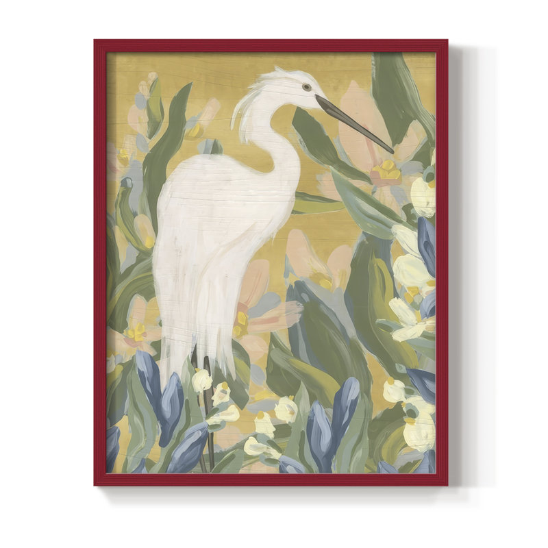 Floral Egret II, reproduction encadrée - bois massif, H 21 po x l 17 po, Rouge