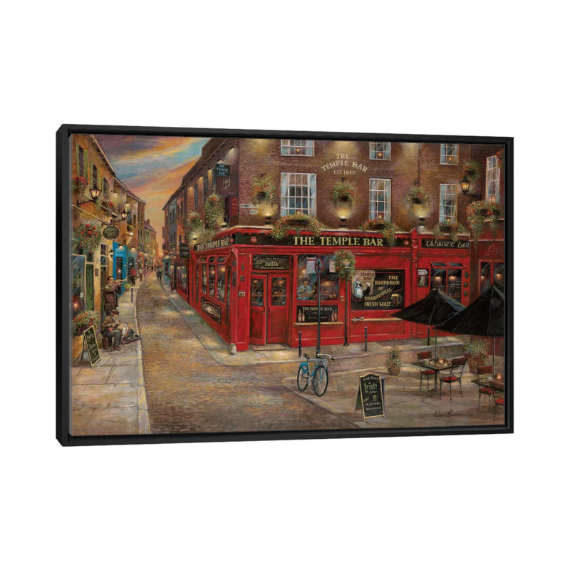 «The Temple Bar» par Ruane Manning - reproduction sur toile tendue, H 40 po x l 60 po x P 1,5 po, Papier d'art encadré noir