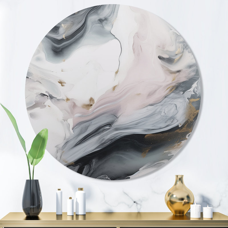 Marbre blanc et gris captivant I - art abstrait rond en marbre sur métal, H 23 po x l 23 po x P 1 po