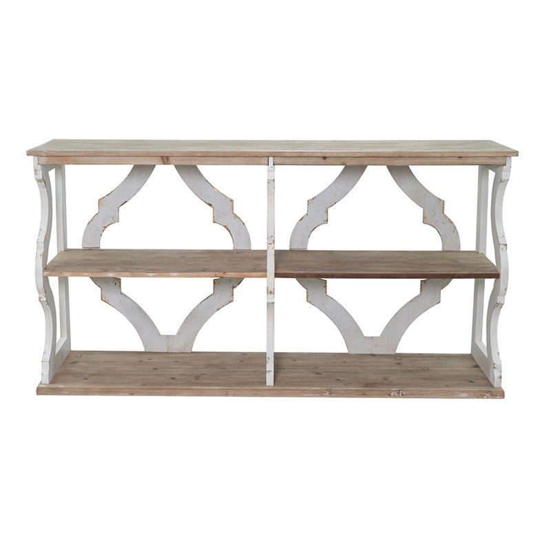 64x16.5x33.5" Three-Tiered Wooden Console Table with Cut-Out Patterns, Brown/White