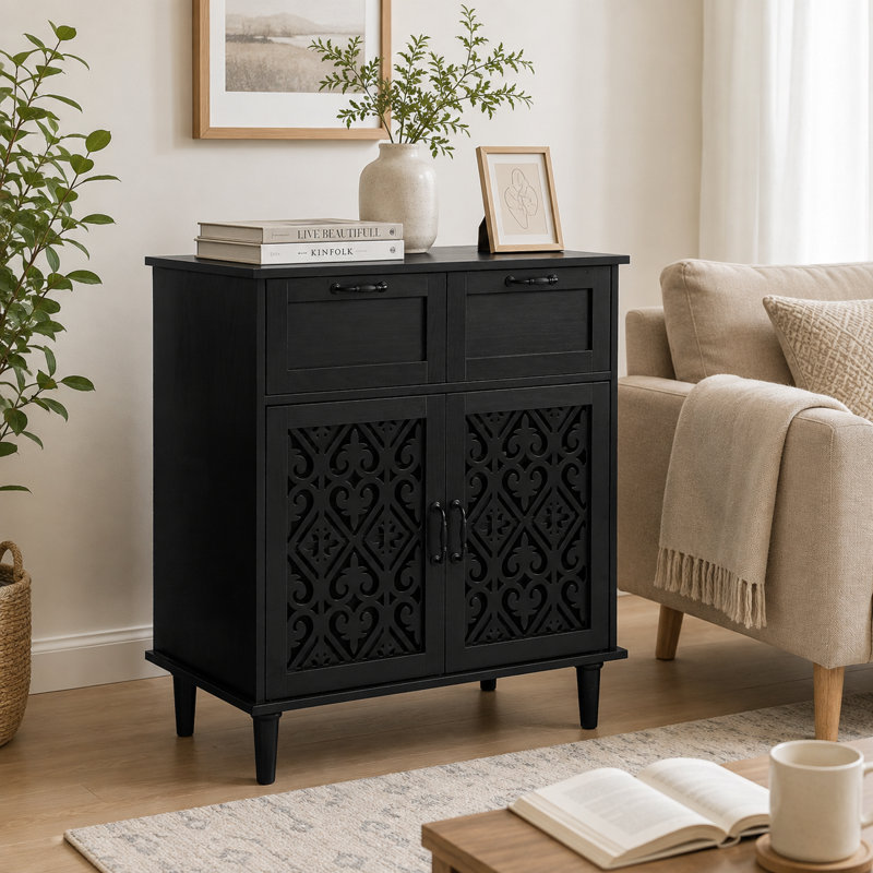 Armoire de rangement en bois noir avec portes sculptées, Noir