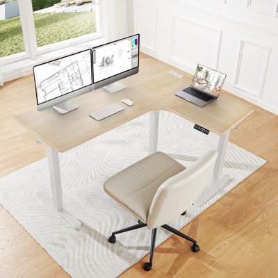 63" Dual Motor L-Shaped Standing Desk, Electric Height Adjustable Corner Desk with 3 Preset Heights, Built-in Power Outlets & Large Power Strip Holder by Inbox Zero