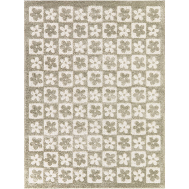 Matthes Grey Floral Checkered Area Rug, Rectangle 5'3" x 7'